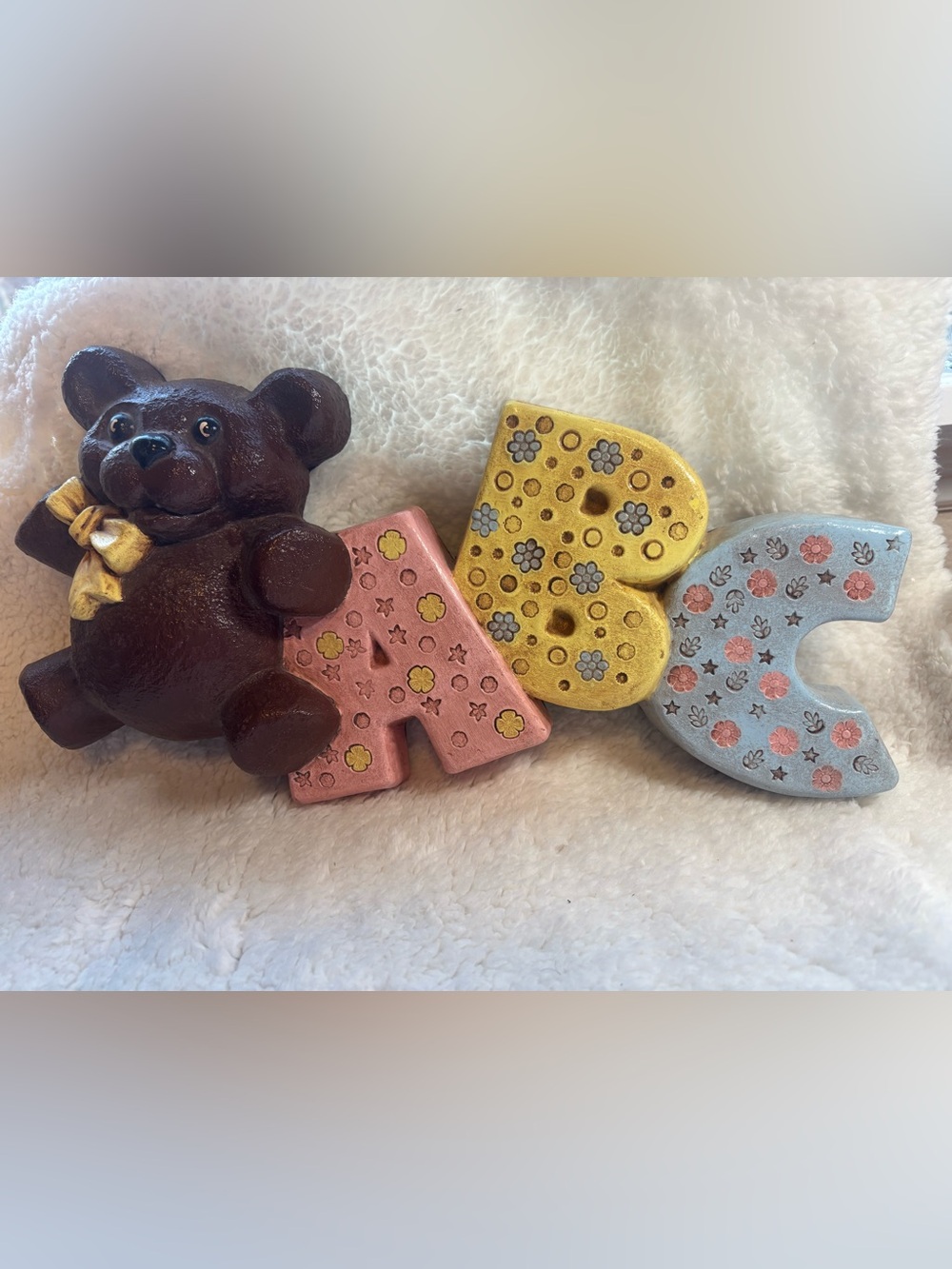 Vintage 1979 Georgies Plaster Shoppe Teddy Bear ABC Nursery Wall Plaque 14"